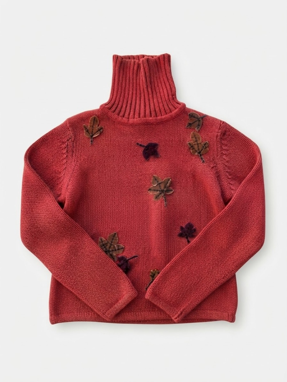 Coldwater Creek Red Ramie Cotton Turtleneck Sweater with Leaf Appliques Medium